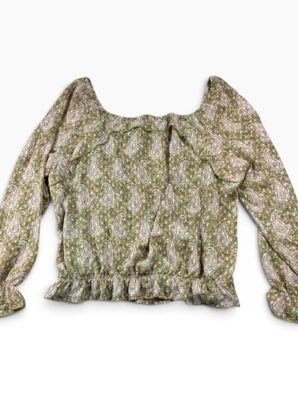 DR2 Paisley Floral Peasant Blouse XL Sage Green Boho Ruffle NWT - Picture 7 of 14